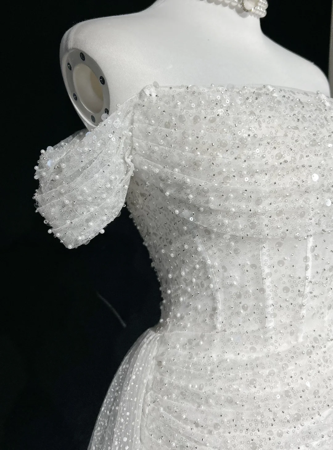 Vestido de novia vintage de los años 60, corte sirena, hombros descubiertos, lentejuelas, largo blanco, elegante, DH656