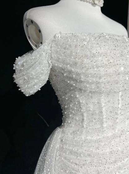 Vestido de novia vintage de los años 60, corte sirena, hombros descubiertos, lentejuelas, largo blanco, elegante, DH656