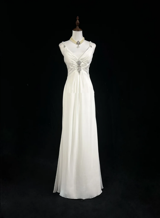 Vestido de novia moderno, corte A, con tirantes finos, cuentas plateadas, de gasa, largo, blanco, sin espalda, elegante, DH657
