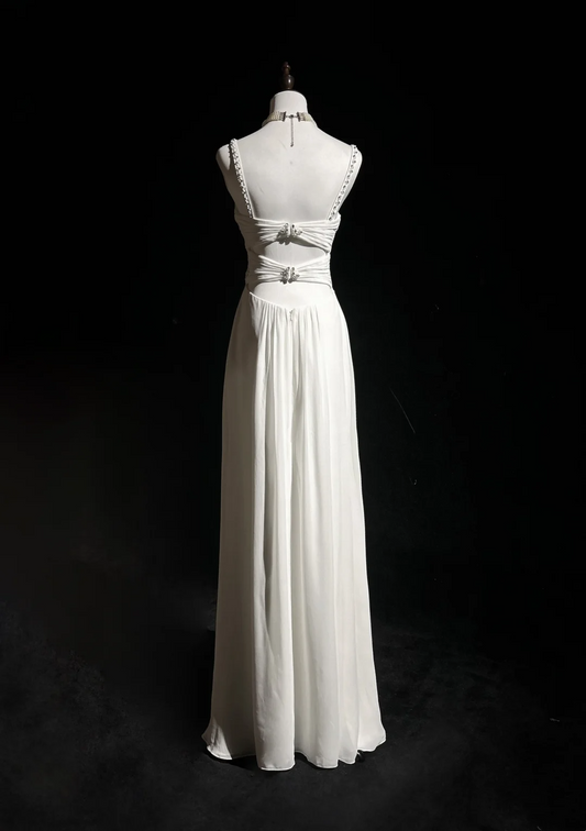 Vestido de novia moderno, corte A, con tirantes finos, cuentas plateadas, de gasa, largo, blanco, sin espalda, elegante, DH657