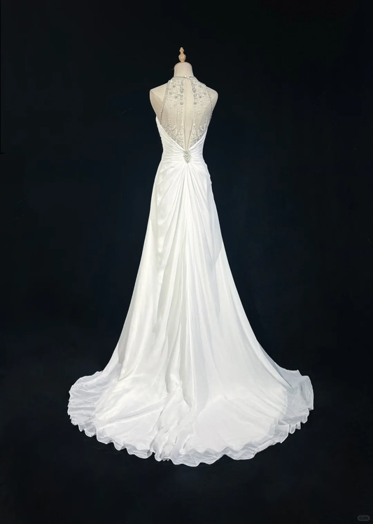 Vestido de novia vintage de los años 60, corte A, cuello joya, gasa, largo, blanco, elegante, DH658
