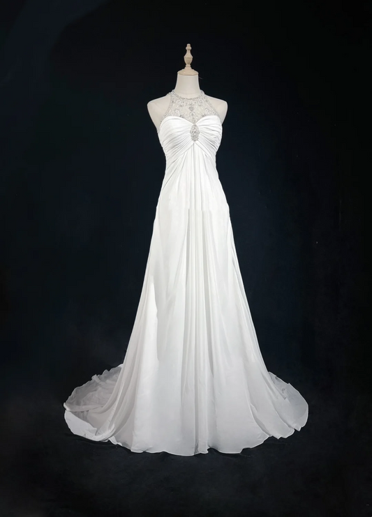 Vestido de novia vintage de los años 60, corte A, cuello joya, gasa, largo, blanco, elegante, DH658