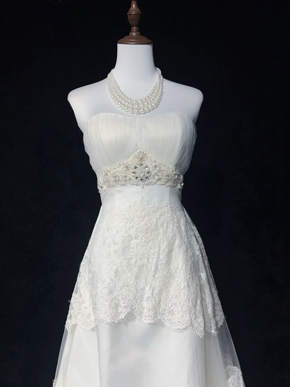 Vestido de novia vintage de los años 60, corte A, sin tirantes, de tul y encaje, largo, blanco, elegante, DH662