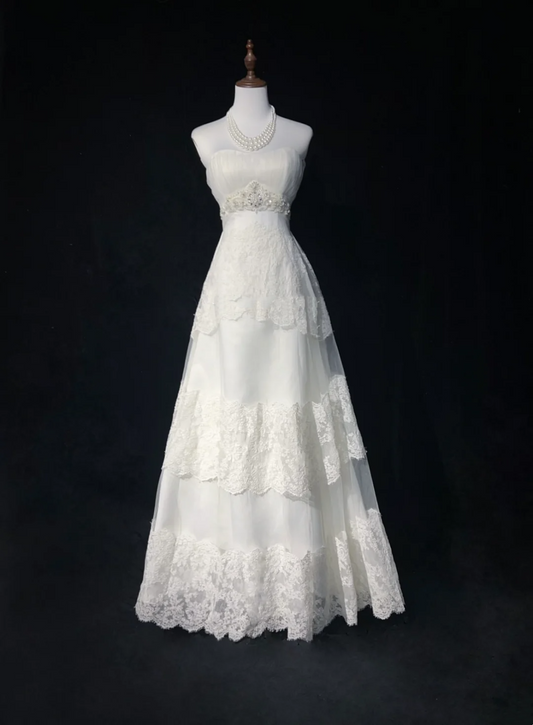 Vestido de novia vintage de los años 60, corte A, sin tirantes, de tul y encaje, largo, blanco, elegante, DH662