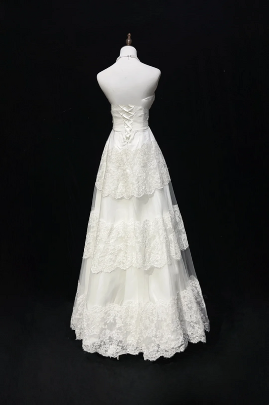 Vestido de novia vintage de los años 60, corte A, sin tirantes, de tul y encaje, largo, blanco, elegante, DH662