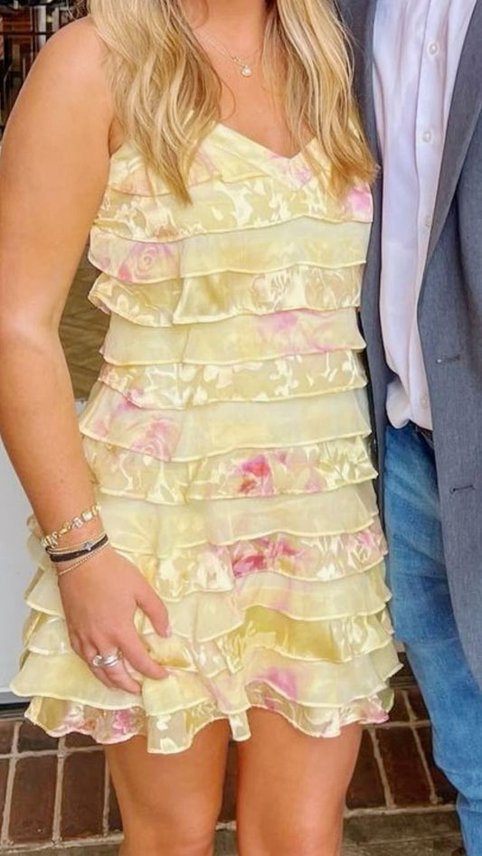 Vestido corto de gasa con estampado floral amarillo, corte A, tirantes finos, para fiesta de 8.º grado, semiformal, para escuela secundaria, cóctel, DH1663