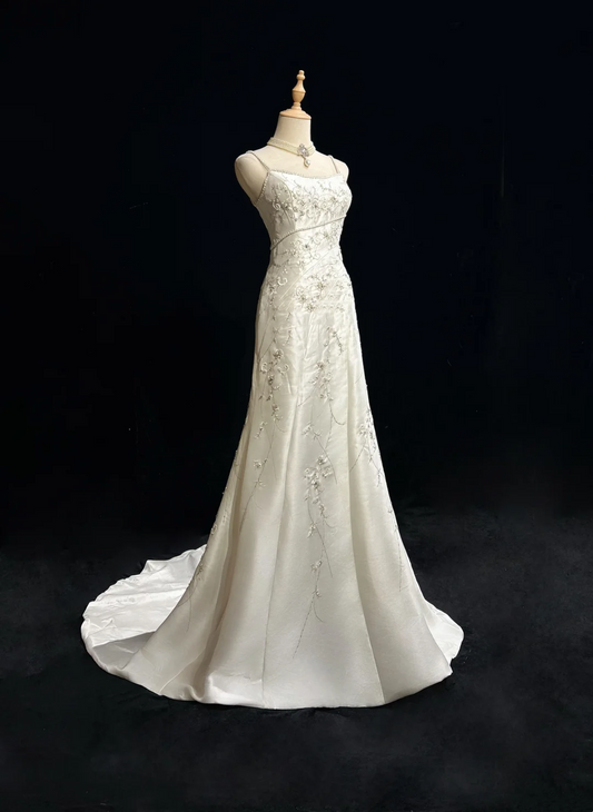 Vestidos de novia vintage de satén blanco, largos, corte A, tirantes finos, años 40 y 50, elegantes, DH664