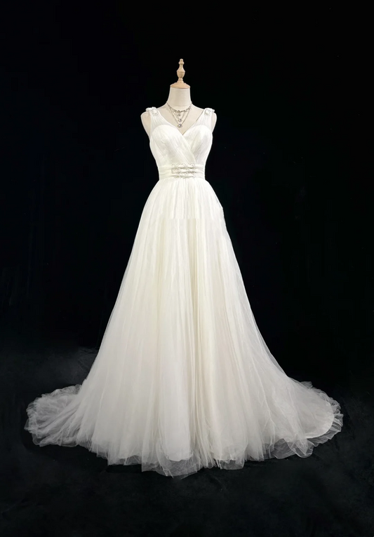 Vestido de novia vintage de los años 60, vestido de baile con escote en V, tul largo blanco, vestidos de novia elegantes DH665