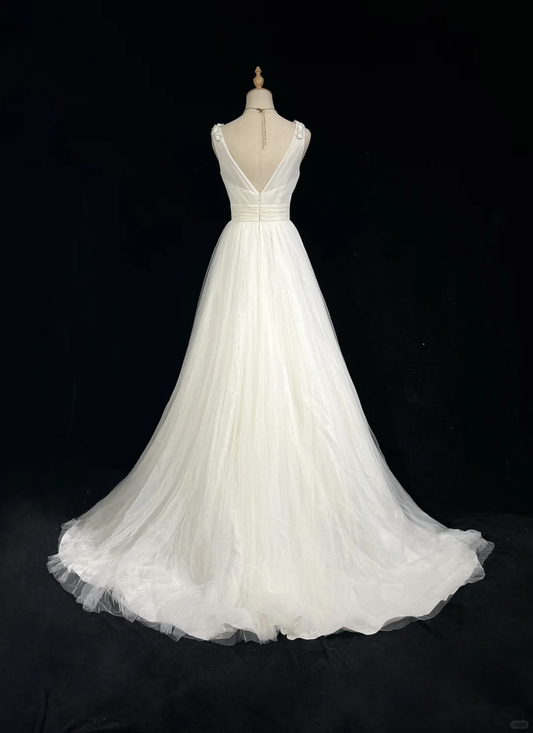 Vestido de novia vintage de los años 60, vestido de baile con escote en V, tul largo blanco, vestidos de novia elegantes DH665