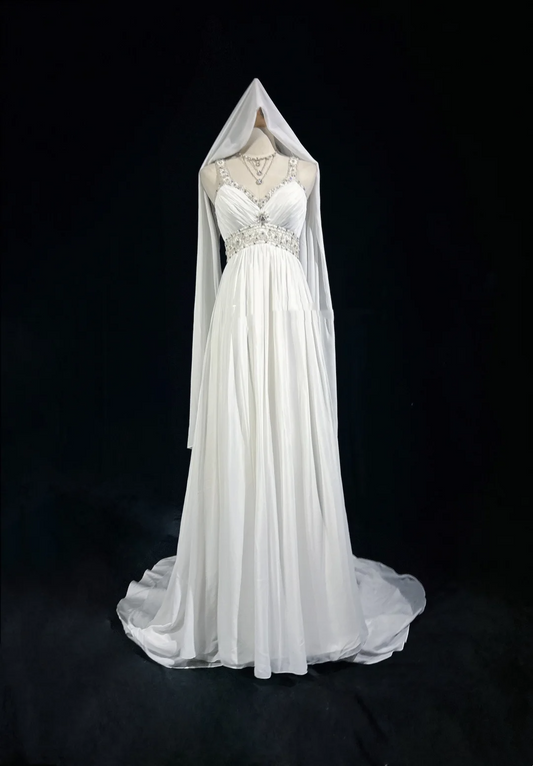 Vestido de novia vintage de los años 60, corte A, escote en V, largo de gasa blanca, elegante, DH667