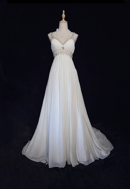 Vestido de novia vintage de los años 60, corte A, escote en V, largo de gasa blanca, elegante, DH667