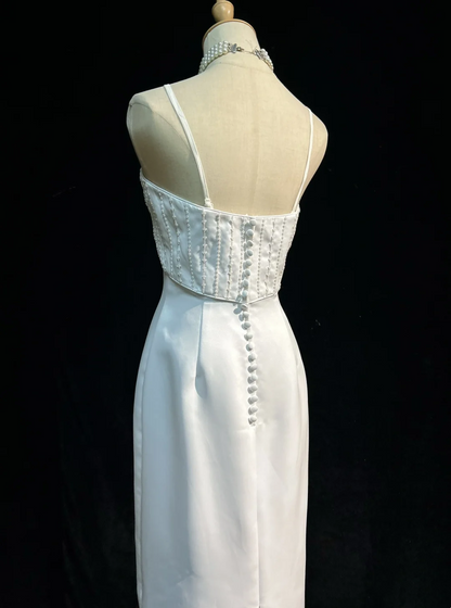 Vestido de novia vintage de los años 60, corte tubo, tirantes finos, satén blanco, largo, para verano y otoño, elegante, DH671