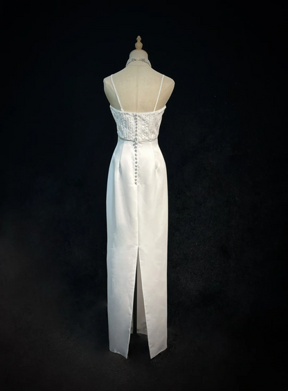 Vestido de novia vintage de los años 60, corte tubo, tirantes finos, satén blanco, largo, para verano y otoño, elegante, DH671