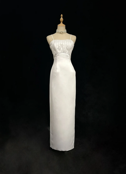 Vestido de novia vintage de los años 60, corte tubo, tirantes finos, satén blanco, largo, para verano y otoño, elegante, DH671