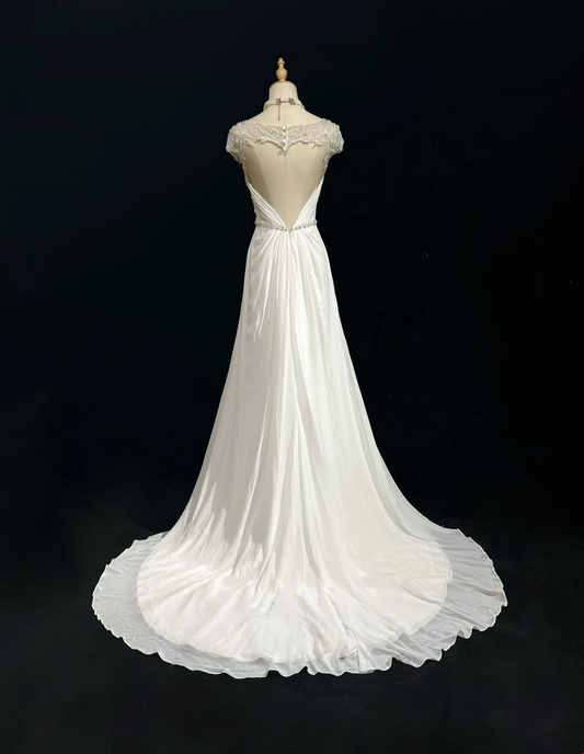 Vestidos de novia vintage de corte A, escote redondo, de gasa blanca, largos, años 40 y 50, elegantes, DH672