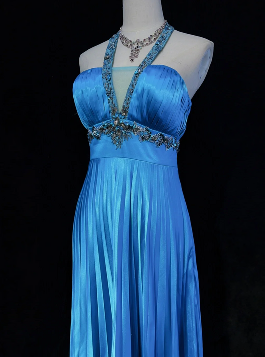 Hermosos vestidos de fiesta de verano para octavo grado, corte A, halter, azul real, largo hasta la rodilla, estilo hoco, para escuela secundaria, DH673