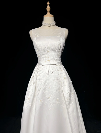 Vestidos de novia vintage de satén blanco, corte en A, largos, años 40 y 50, elegantes, DH674