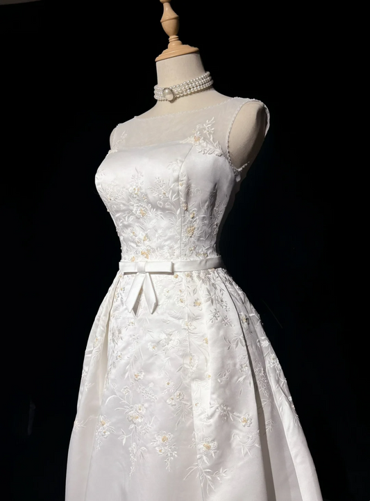 Vestidos de novia vintage de satén blanco, corte en A, largos, años 40 y 50, elegantes, DH674