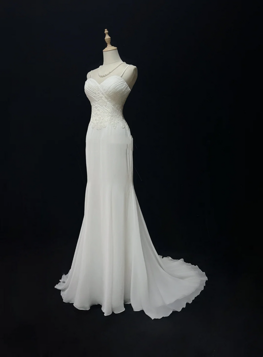 Vestidos de novia elegantes de estilo sirena vintage con tirantes finos y apliques de gasa blanca, años 40 y 50, DH676