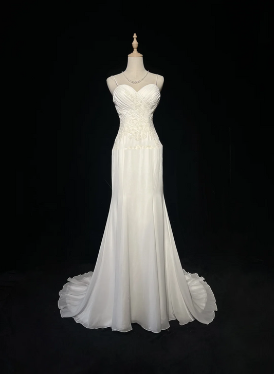 Vestidos de novia elegantes de estilo sirena vintage con tirantes finos y apliques de gasa blanca, años 40 y 50, DH676