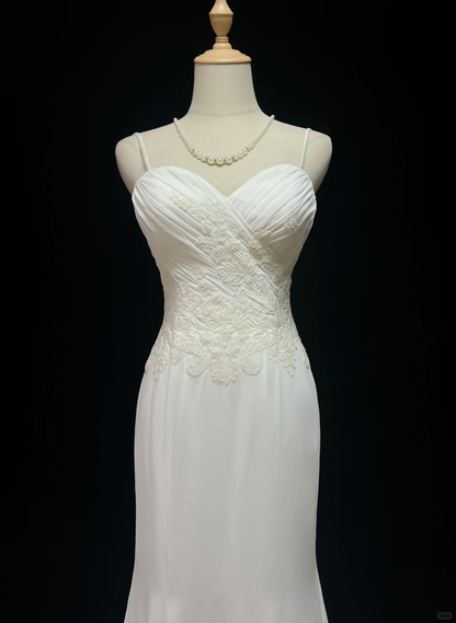Vestidos de novia elegantes de estilo sirena vintage con tirantes finos y apliques de gasa blanca, años 40 y 50, DH676