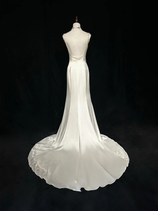 Vestidos de novia vintage de sirena con tirantes finos, satén blanco y cuentas, largos, años 40 y 50, elegantes vestidos de novia DH677