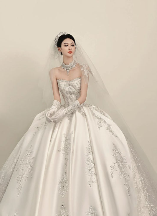 Extravagante vestido de novia largo sin tirantes de satén blanco con cuentas, elegante DH679