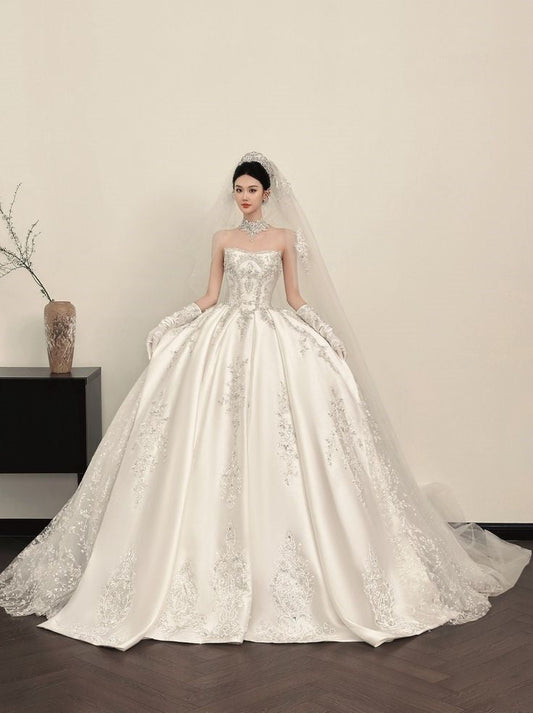 Extravagante vestido de novia largo sin tirantes de satén blanco con cuentas, elegante DH679