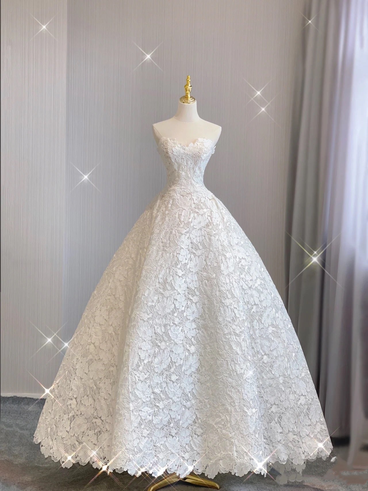 Extravagante vestido de novia largo sin tirantes de encaje blanco, elegante DH680