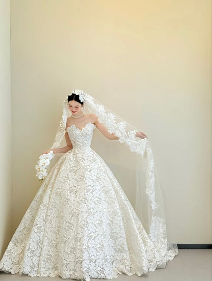 Extravagante vestido de novia largo sin tirantes de encaje blanco, elegante DH680