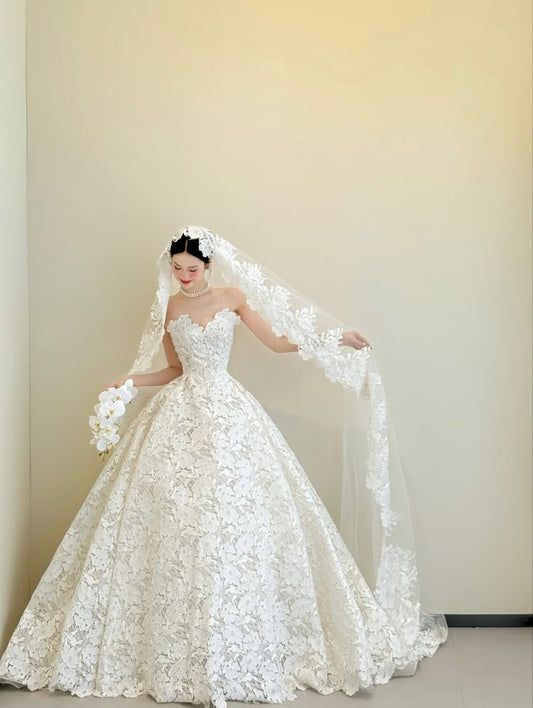 Extravagante vestido de novia largo sin tirantes de encaje blanco, elegante DH680