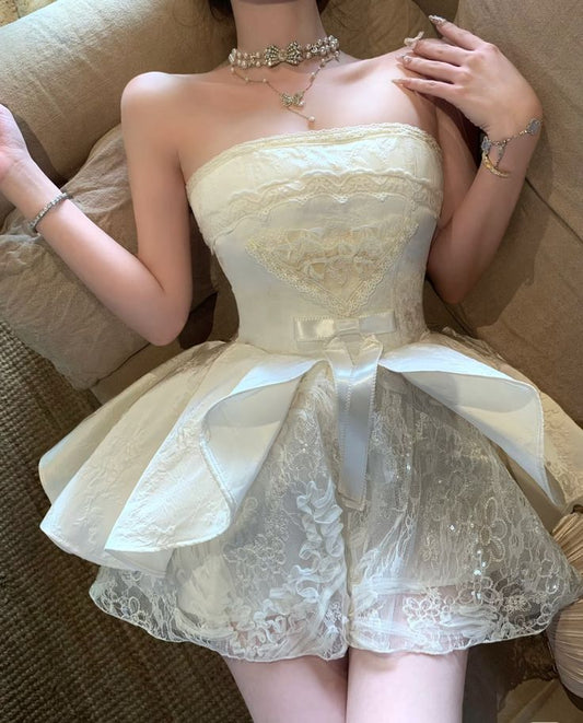 Hermoso vestido de fiesta sin tirantes color marfil con encaje, corto, mini, formal, para octavo grado, vestido de verano para escuela secundaria, atuendos para el regreso a casa DH681