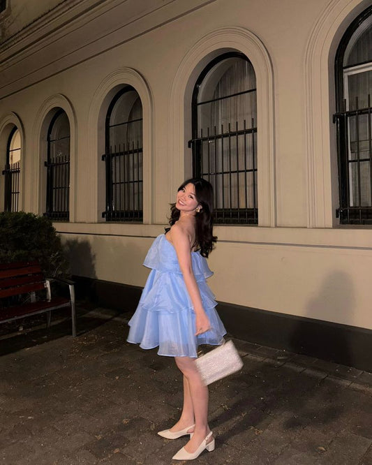 Hermoso vestido de fiesta azul corto sin tirantes, minivestido formal para octavo grado, vestido de verano para escuela secundaria, atuendos para el regreso a casa DH687