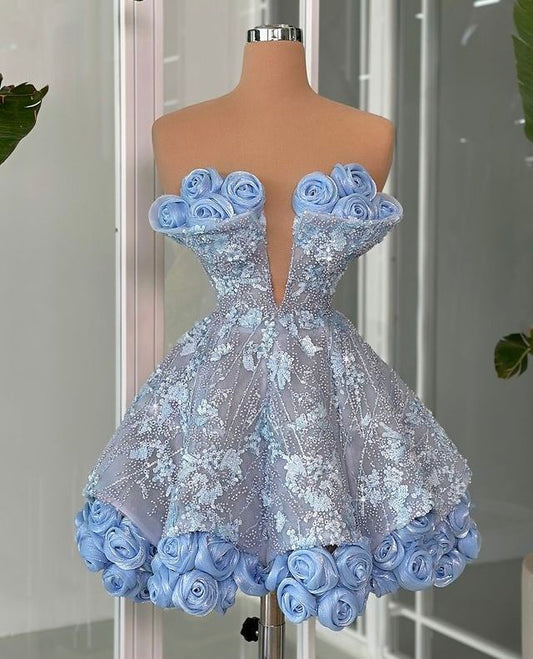 Vestidos cortos elegantes de Hoco, corte A, sin tirantes, con lentejuelas, minivestidos azules formales para el regreso a casa de octavo grado, trajes de verano para el regreso a casa de la escuela secundaria DH70