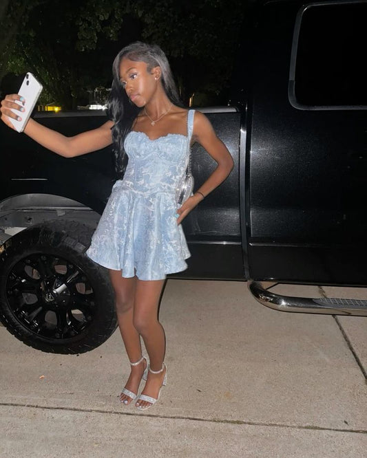 Cute A Line Spaghetti Straps Blue Lace Mini Short Formal 8th Grade Homecoming Dresses Summer Middle School Hoco Dress Homecoming Outfits DH701