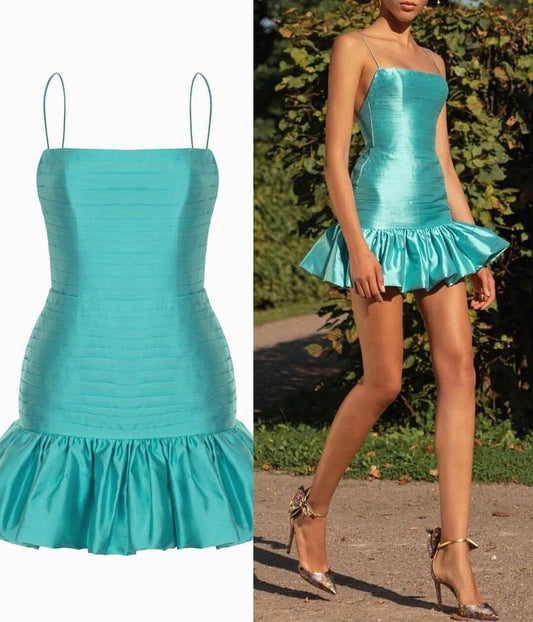 Cute Sheath Spaghetti Straps Blue Satin Mini Short Formal 8th Grade Homecoming Dresses Summer Middle School Hoco Dress Homecoming Outfits DH712