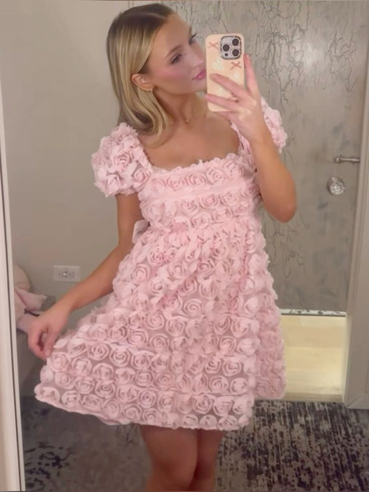 Pretty A line Square Neck Short Sleeves Pink Floral Mini Formal 8th Grade Homecoming Dresses Summer Middle School Hoco Dress Homecoming Outfits DH714