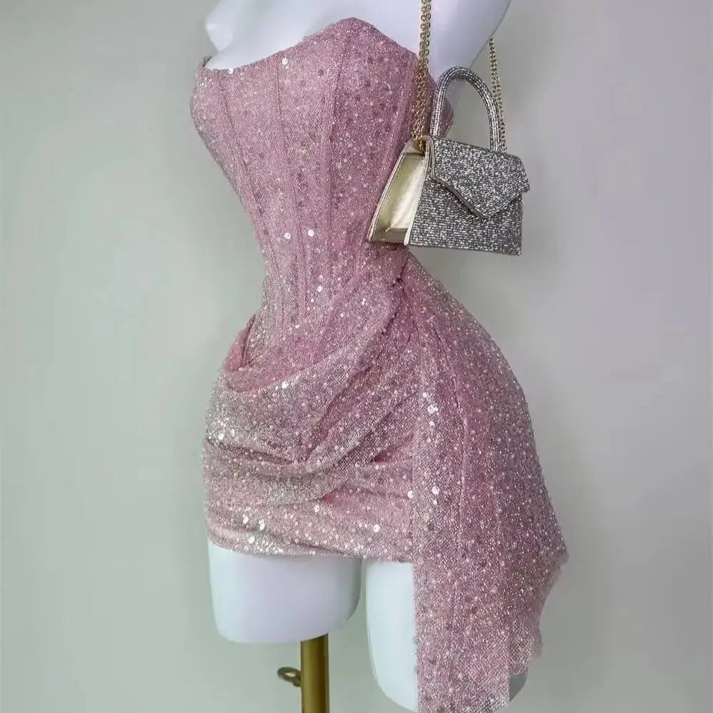 Lindo vestido corto de fiesta de graduación, sin tirantes, con lentejuelas rosas, para octavo grado, de verano, para escuela secundaria, DH716