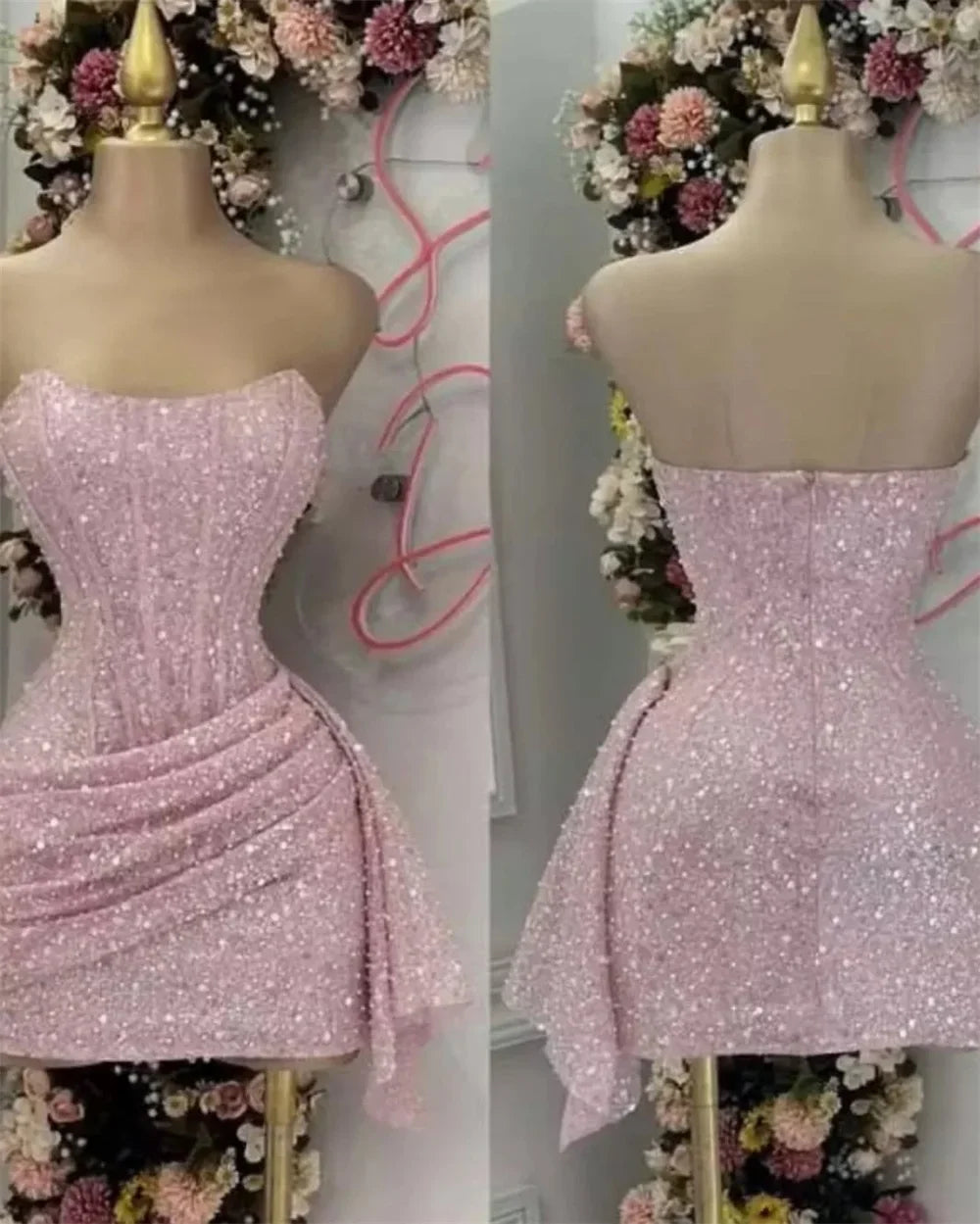 Lindo vestido corto de fiesta de graduación, sin tirantes, con lentejuelas rosas, para octavo grado, de verano, para escuela secundaria, DH716