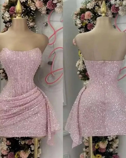 Lindo vestido corto de fiesta de graduación, sin tirantes, con lentejuelas rosas, para octavo grado, de verano, para escuela secundaria, DH716