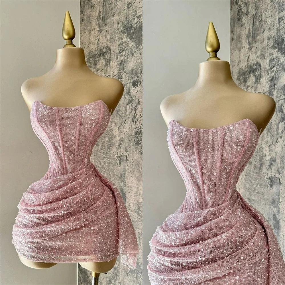 Lindo vestido corto de fiesta de graduación, sin tirantes, con lentejuelas rosas, para octavo grado, de verano, para escuela secundaria, DH716