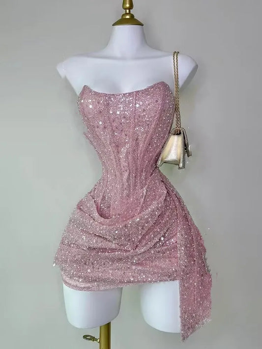 Cute Sheath Strapless Pink Sequin Mini Short Formal 8th Grade Homecoming Dresses Summer Middle School Hoco Dress Homecoming Outfits DH716