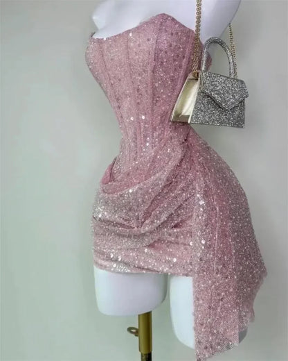 Lindo vestido corto de fiesta de graduación, sin tirantes, con lentejuelas rosas, para octavo grado, de verano, para escuela secundaria, DH716