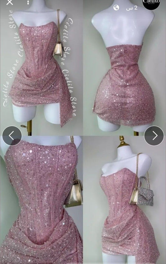 Cute Sheath Strapless Pink Sequin Mini Short Formal 8th Grade Homecoming Dresses Summer Middle School Hoco Dress Homecoming Outfits DH716
