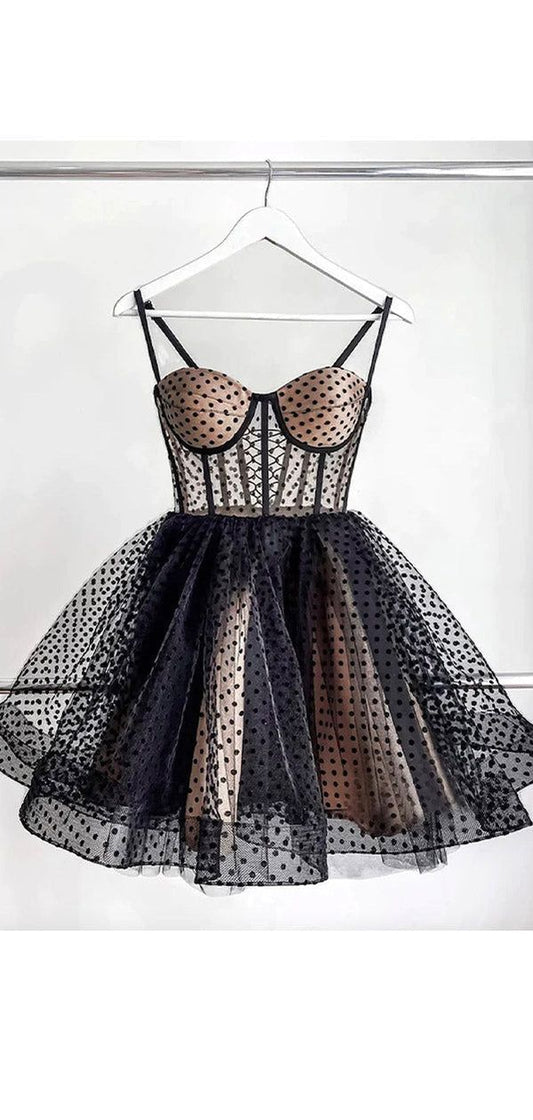 Cute Ball Gown Spaghetti Straps Black Mini Short Formal 8th Grade Homecoming Dresses Summer Middle School Hoco Dress Homecoming Outfits DH720