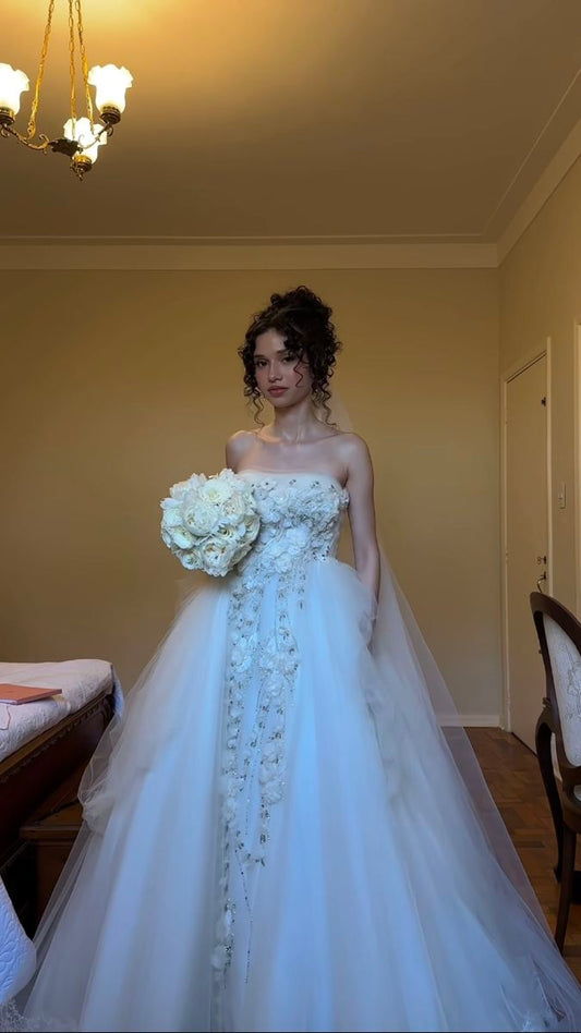 Vestido de novia princesa, vestido de baile, sin tirantes, de tul blanco, largo, elegante, DH722