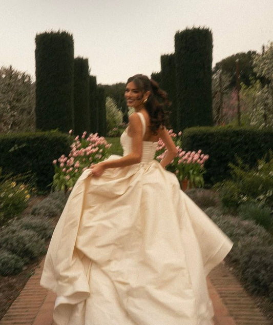 Vestido de novia único, vestido de fiesta, escote cuadrado, satén, largo, elegante, DH723
