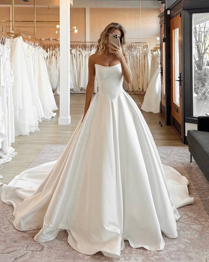 Vestido de novia elegante y clásico, sin tirantes, de satén, largo, DH735