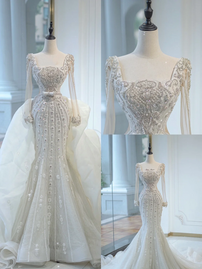 Unique Bridal Gown Mermaid Square Neck Long Sleeves White Silver Beads Wedding Dresses Modest Bridal Gowns DH730