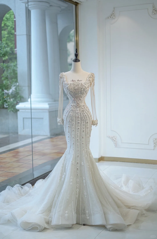 Vestido de novia único de corte sirena, escote cuadrado, mangas largas, cuentas blancas y plateadas, vestidos de novia modestos DH730